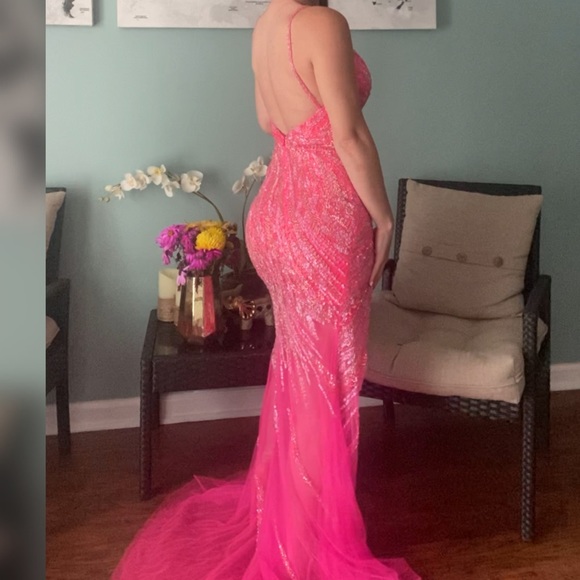 SOLD Jovani 04195 hot pink beaded pageant gown, prom dress, or statement formal - Picture 3 of 7